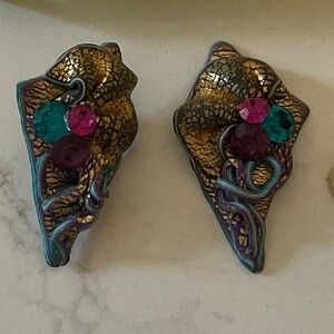 Gold Crackling and Purple Green Jewel tone Earrings Vintage